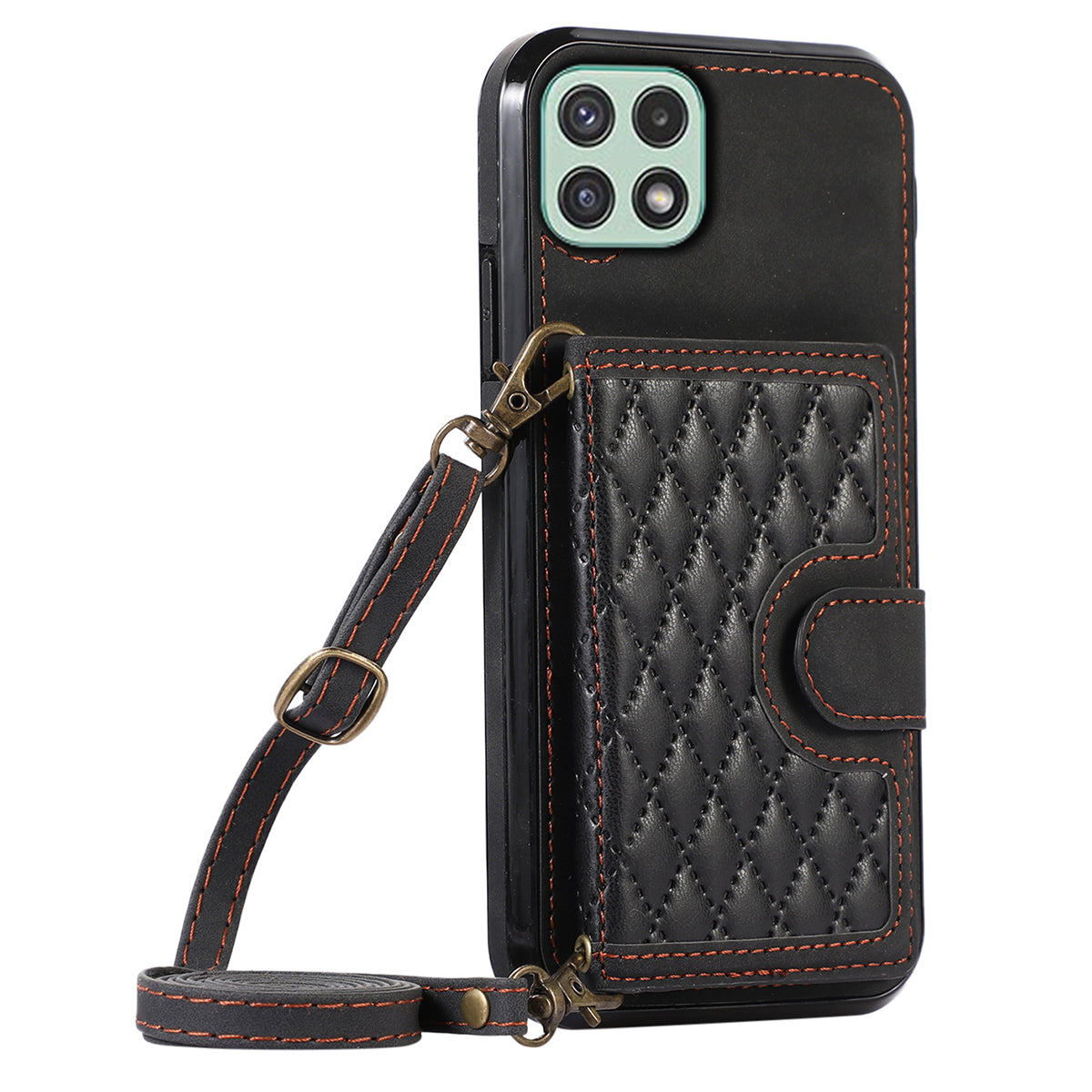 For Samsung Galaxy A22 5G (EU Version) Rhombus Grid Phone Case TPU+PU Leather Kickstand Shell - Black For Samsung Galaxy A22 5G (EU Version) Rhombus Grid Phone Case TPU+PU Leather Kickstand Shell - Black
